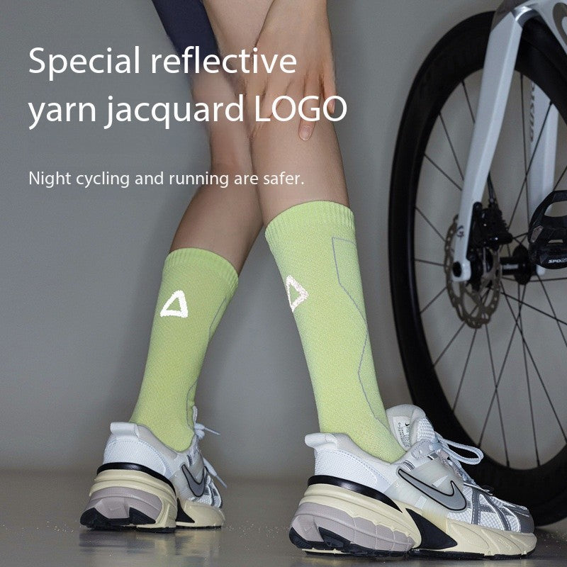 Women’s Summer Cycling Socks – Mid-Calf Reflective Sports Compression Socks with Towel Sole, Breathable & Sweat-Wicking